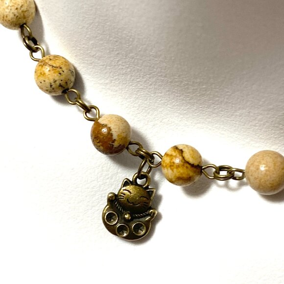 Genuine Yellow Picture Jasper Short Necklace, Cute Bronze Fortune Cat + Gemstone - Picture 1 of 15